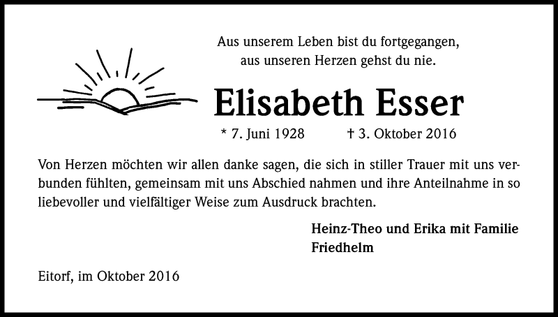  Traueranzeige für Elisabeth Esser vom 22.10.2016 aus Kölner Stadt-Anzeiger / Kölnische Rundschau / Express