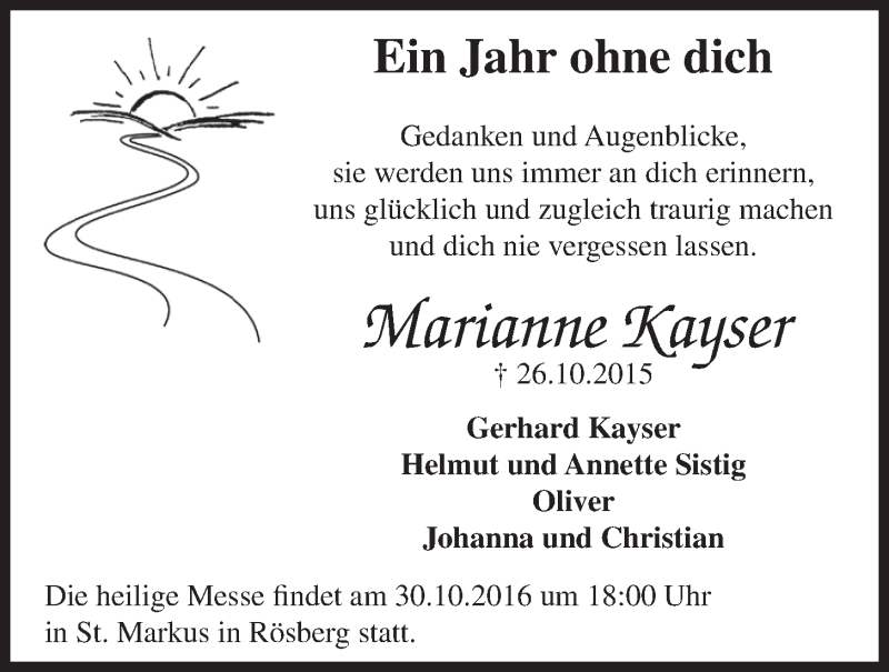  Traueranzeige für Marianne Kayser vom 26.10.2016 aus  Schlossbote/Werbekurier 