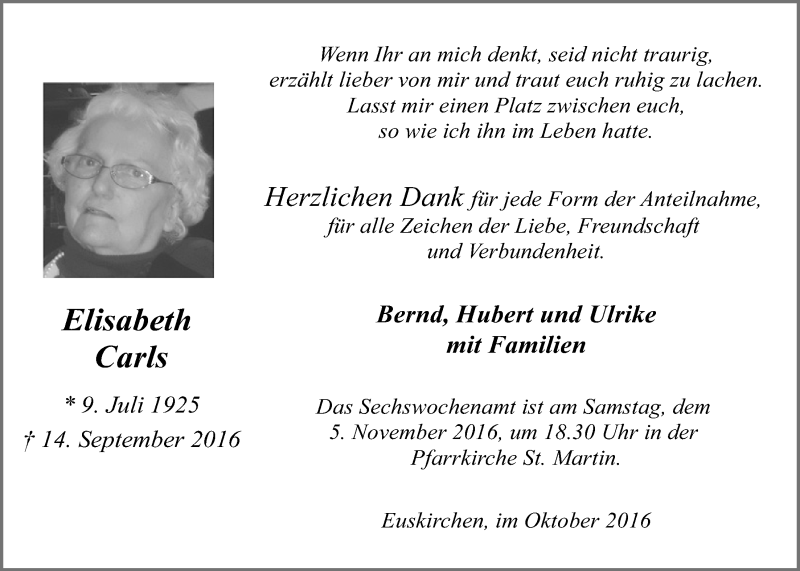  Traueranzeige für Elisabeth Carls vom 29.10.2016 aus  Blickpunkt Euskirchen 