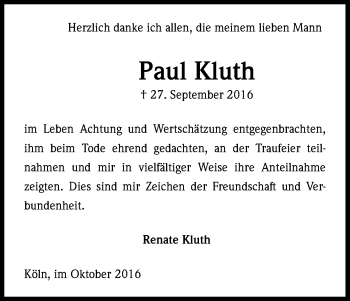 Anzeige von Paul Kluth von Kölner Stadt-Anzeiger / Kölnische Rundschau / Express