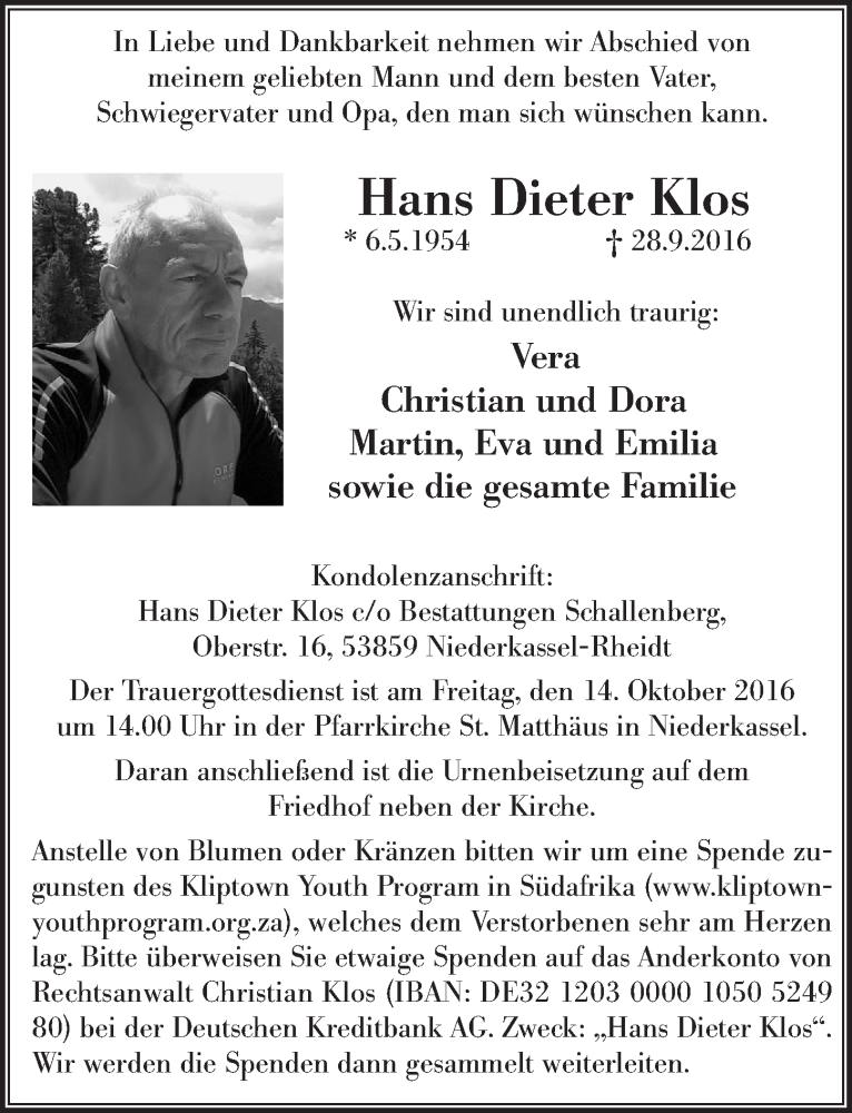  Traueranzeige für Hans Dieter Klos vom 12.10.2016 aus  Extra Blatt 