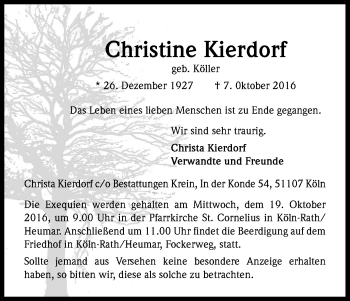 Anzeige von Christine Kierdorf von Kölner Stadt-Anzeiger / Kölnische Rundschau / Express