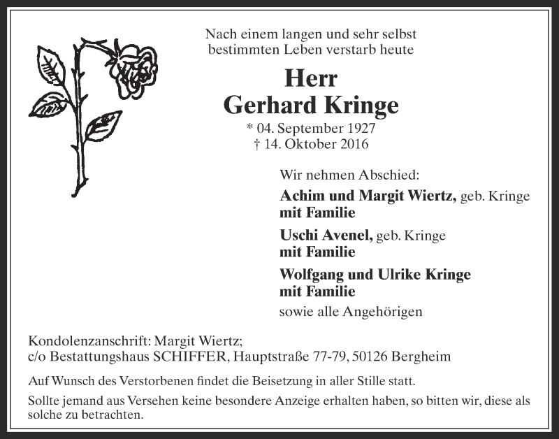  Traueranzeige für Gerhard Kringe vom 19.10.2016 aus  Werbepost 