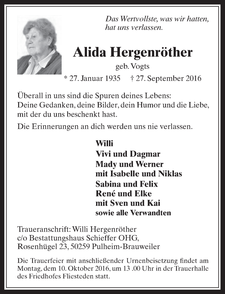  Traueranzeige für Alida Hergenröther vom 05.10.2016 aus  Werbepost 