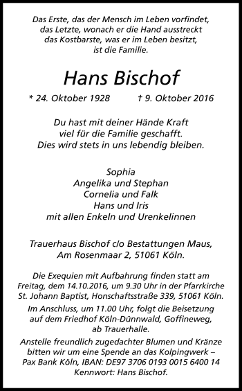 Anzeige von Hans Bischof von Kölner Stadt-Anzeiger / Kölnische Rundschau / Express