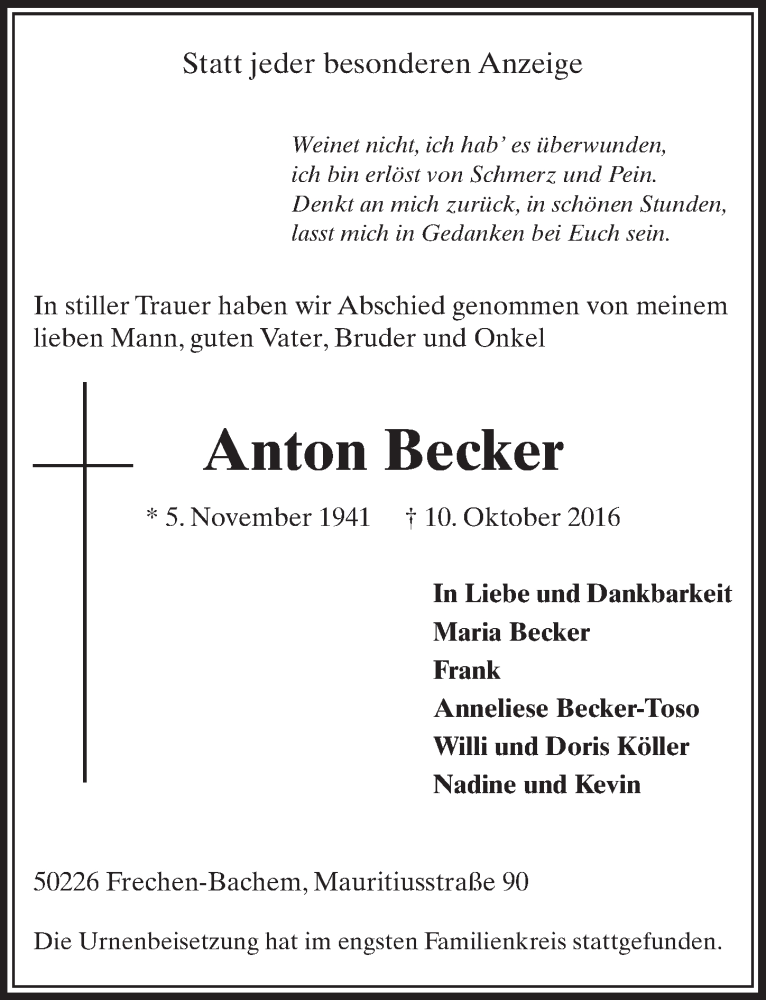  Traueranzeige für Anton Becker vom 22.10.2016 aus  Sonntags-Post 
