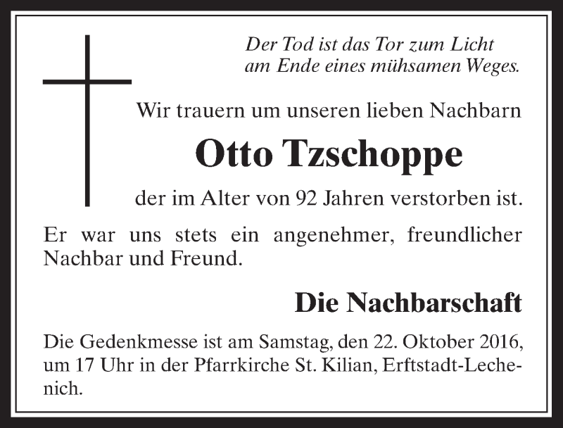  Traueranzeige für Otto Tzschoppe vom 19.10.2016 aus  Werbepost 