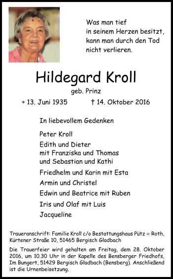 Anzeige von Hildegard Kroll von Kölner Stadt-Anzeiger / Kölnische Rundschau / Express
