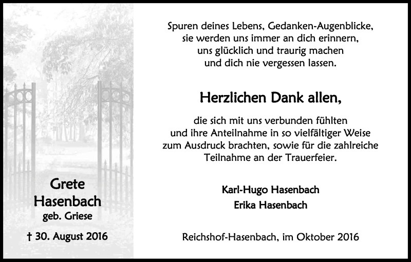  Traueranzeige für Grete Hasenbach vom 22.10.2016 aus Kölner Stadt-Anzeiger / Kölnische Rundschau / Express