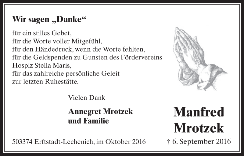  Traueranzeige für Manfred Mrotzek vom 12.10.2016 aus  Werbepost 
