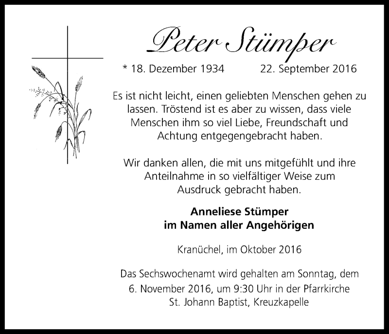  Traueranzeige für Peter Stümper vom 22.10.2016 aus Kölner Stadt-Anzeiger / Kölnische Rundschau / Express