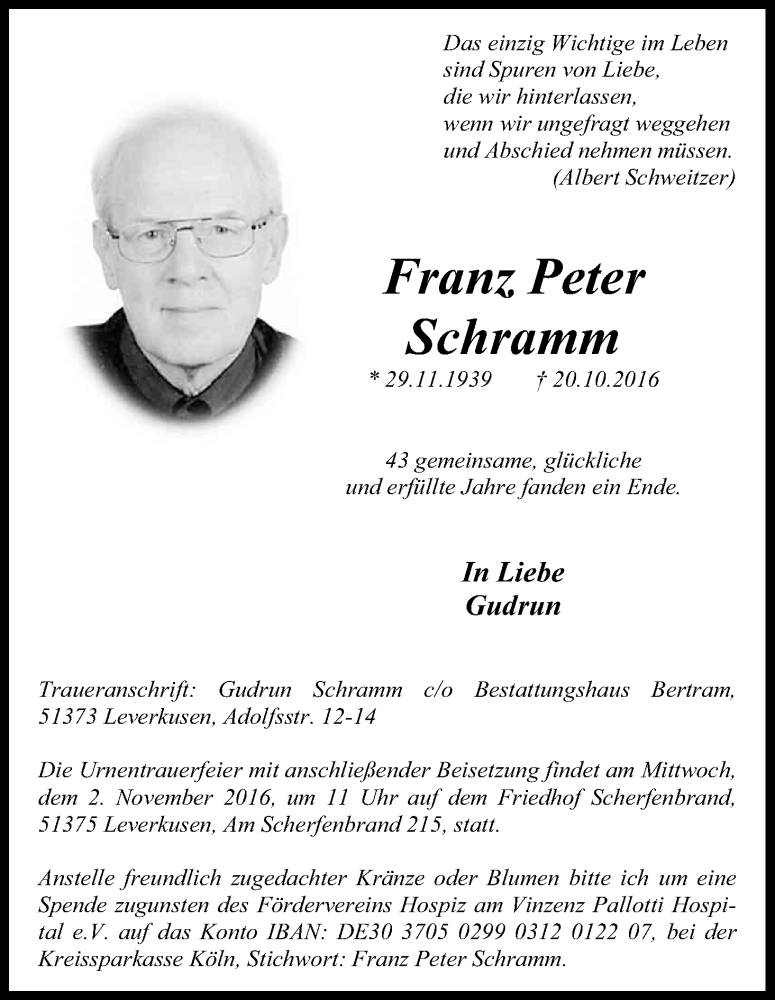  Traueranzeige für Franz Peter Schramm vom 29.10.2016 aus Kölner Stadt-Anzeiger / Kölnische Rundschau / Express