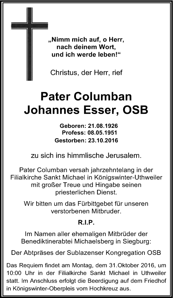  Traueranzeige für Johannes Esser vom 26.10.2016 aus Kölner Stadt-Anzeiger / Kölnische Rundschau / Express