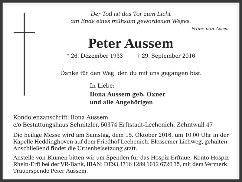  Traueranzeige für Peter Aussem vom 12.10.2016 aus  Werbepost 
