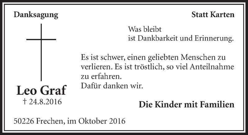  Traueranzeige für Leo Graf vom 15.10.2016 aus  Sonntags-Post 