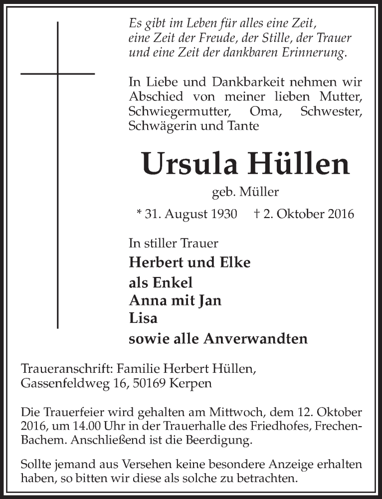  Traueranzeige für Ursula Hüllen vom 08.10.2016 aus  Sonntags-Post 
