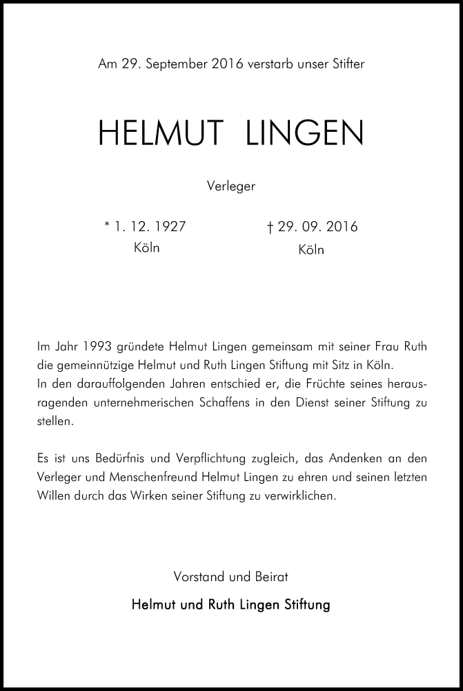  Traueranzeige für Helmut Lingen vom 08.10.2016 aus Kölner Stadt-Anzeiger / Kölnische Rundschau / Express