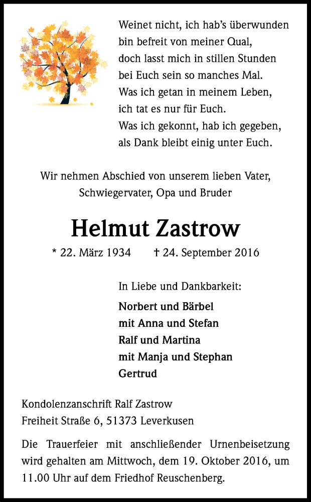  Traueranzeige für Helmut Zastrow vom 15.10.2016 aus Kölner Stadt-Anzeiger / Kölnische Rundschau / Express