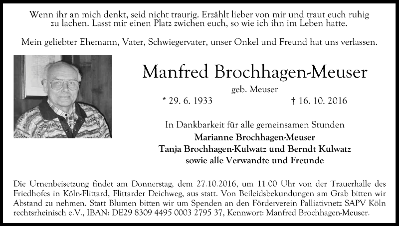  Traueranzeige für Manfred Brochhagen-Meuser vom 22.10.2016 aus Kölner Stadt-Anzeiger / Kölnische Rundschau / Express