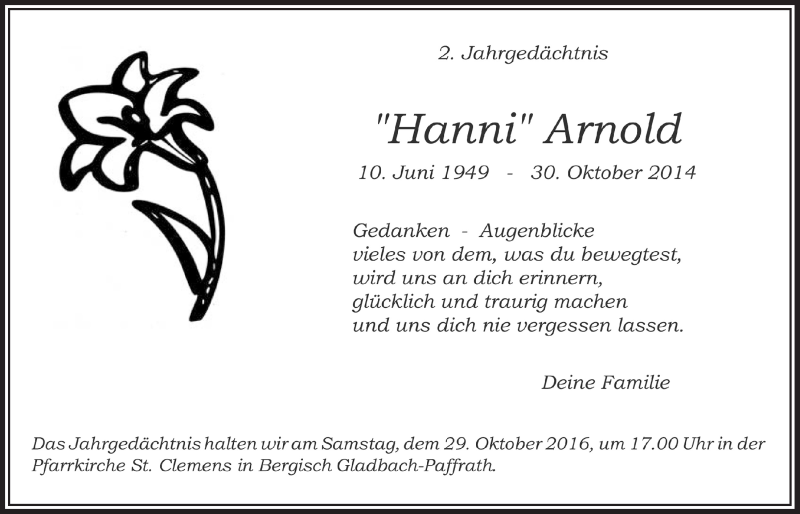  Traueranzeige für Hanni Arnold vom 26.10.2016 aus  Bergisches Handelsblatt 