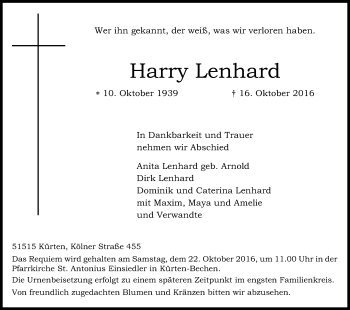Anzeige von Harry Lenhard von Kölner Stadt-Anzeiger / Kölnische Rundschau / Express