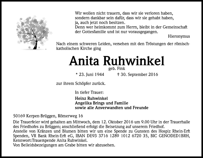  Traueranzeige für Anita Ruhwinkel vom 08.10.2016 aus Kölner Stadt-Anzeiger / Kölnische Rundschau / Express