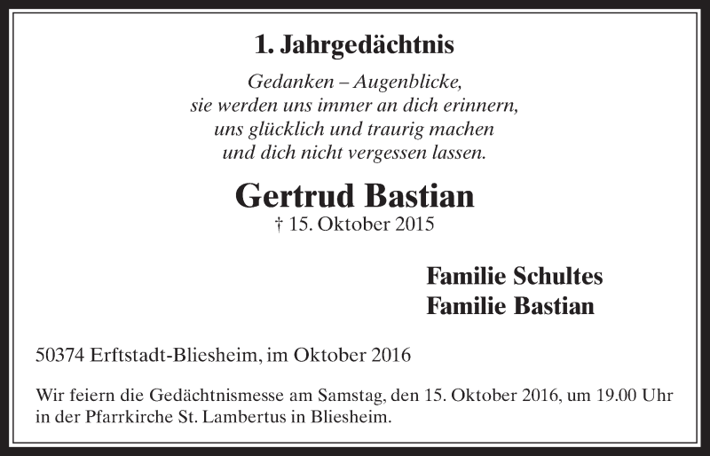  Traueranzeige für Gertrud bastian vom 12.10.2016 aus  Werbepost 