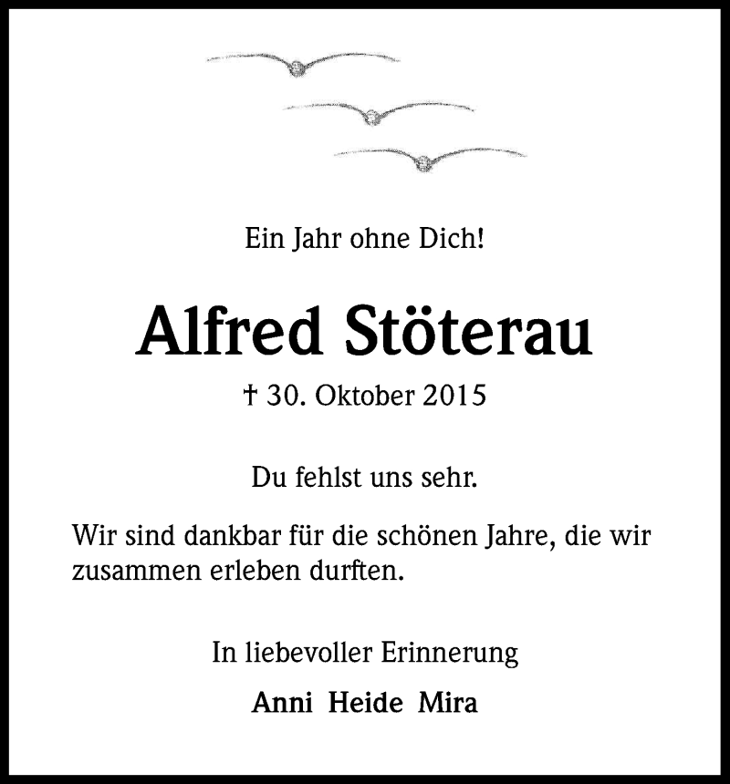  Traueranzeige für Alfred Stöterau vom 29.10.2016 aus Kölner Stadt-Anzeiger / Kölnische Rundschau / Express