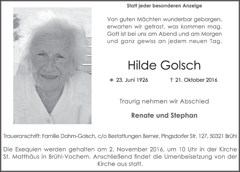  Traueranzeige für Hilde Golsch vom 26.10.2016 aus  Schlossbote/Werbekurier 