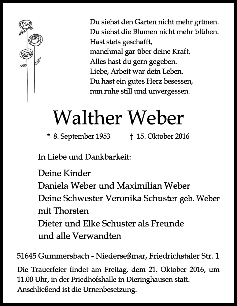  Traueranzeige für Walther Weber vom 18.10.2016 aus Kölner Stadt-Anzeiger / Kölnische Rundschau / Express