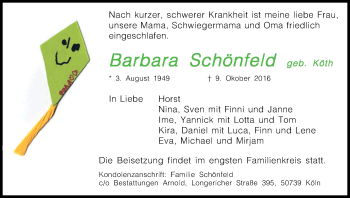 Anzeige von Barbara Schönfeld von Kölner Stadt-Anzeiger / Kölnische Rundschau / Express