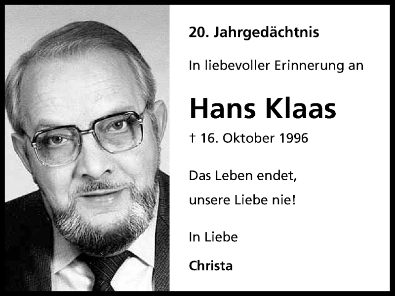  Traueranzeige für Hans Klaas vom 15.10.2016 aus Kölner Stadt-Anzeiger / Kölnische Rundschau / Express