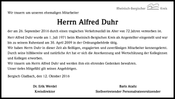 Anzeige von Alfred Duhr von Kölner Stadt-Anzeiger / Kölnische Rundschau / Express