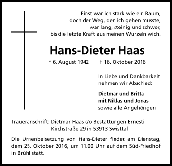 Anzeige von Hans-Dieter Haas von Kölner Stadt-Anzeiger / Kölnische Rundschau / Express