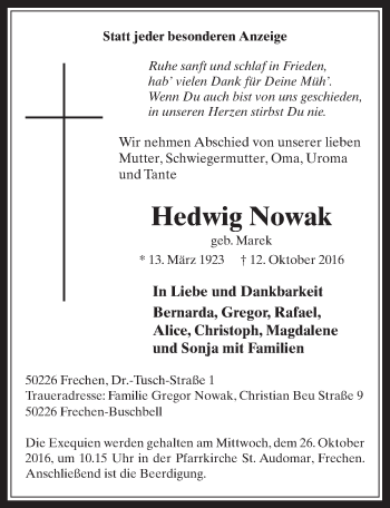 Anzeige von Hedwig Nowak von  Wochenende 
