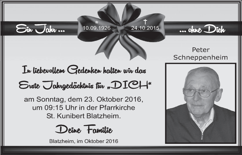  Traueranzeige für Peter Schneppenheim vom 19.10.2016 aus  Werbepost 