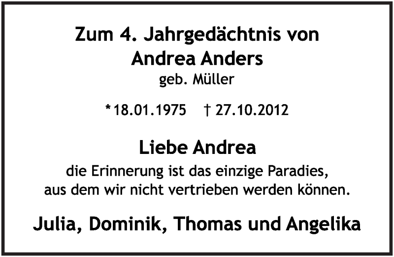  Traueranzeige für Andrea Anders vom 26.10.2016 aus  Extra Blatt 