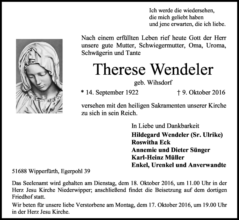  Traueranzeige für Therese Wendeler vom 12.10.2016 aus Kölner Stadt-Anzeiger / Kölnische Rundschau / Express