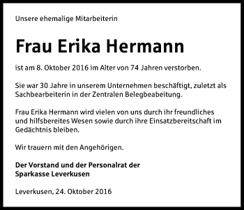 Anzeige von Erika Hermann von Kölner Stadt-Anzeiger / Kölnische Rundschau / Express