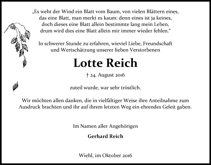  Traueranzeige für Lotte Reich vom 08.10.2016 aus Kölner Stadt-Anzeiger / Kölnische Rundschau / Express