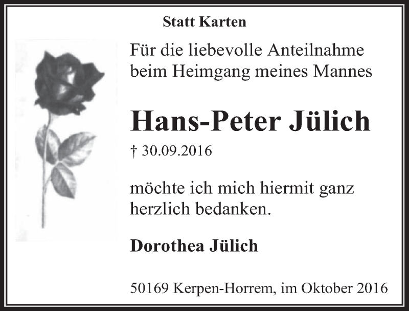  Traueranzeige für Hans-Peter Jülich vom 29.10.2016 aus  Sonntags-Post 