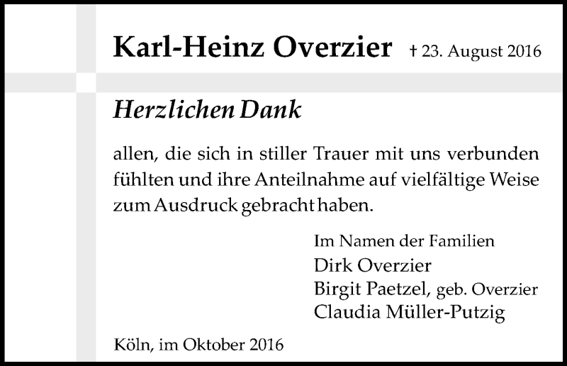  Traueranzeige für Karl-Heinz Overzier vom 22.10.2016 aus Kölner Stadt-Anzeiger / Kölnische Rundschau / Express