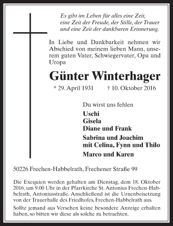 Anzeige von Günter Winterhager von  Sonntags-Post 