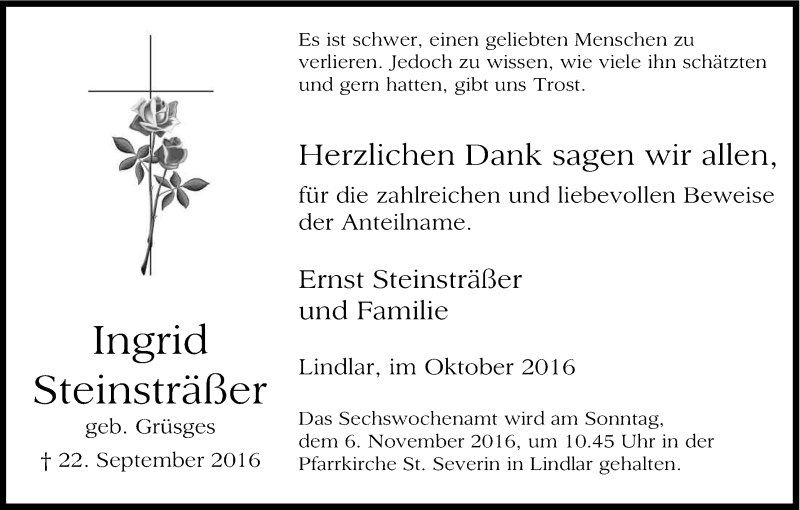  Traueranzeige für Ingrid Steinsträßer vom 29.10.2016 aus Kölner Stadt-Anzeiger / Kölnische Rundschau / Express