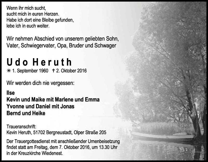  Traueranzeige für Udo Heruth vom 05.10.2016 aus Kölner Stadt-Anzeiger / Kölnische Rundschau / Express
