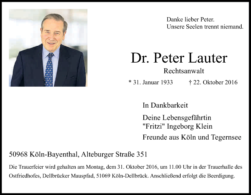  Traueranzeige für Peter Lauter vom 29.10.2016 aus Kölner Stadt-Anzeiger / Kölnische Rundschau / Express