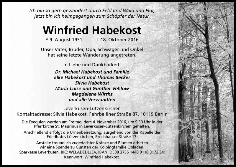  Traueranzeige für Winfried Habekost vom 29.10.2016 aus Kölner Stadt-Anzeiger / Kölnische Rundschau / Express