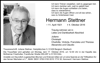 Anzeige von Hermann Stettner von Kölner Stadt-Anzeiger / Kölnische Rundschau / Express