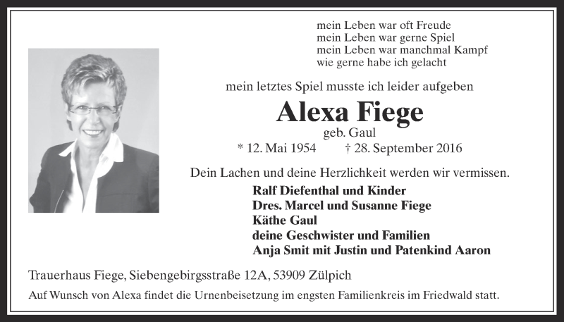  Traueranzeige für Alexa Fiege vom 08.10.2016 aus  Blickpunkt Euskirchen 