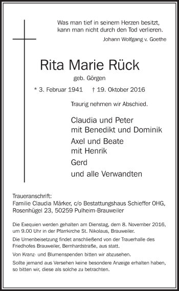 Anzeige von Rita Marie Rück von  Sonntags-Post 